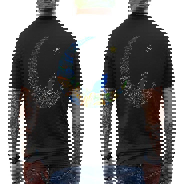 カラフルな曼荼羅三日月と猫と星 メンズTシャツ バックプリント