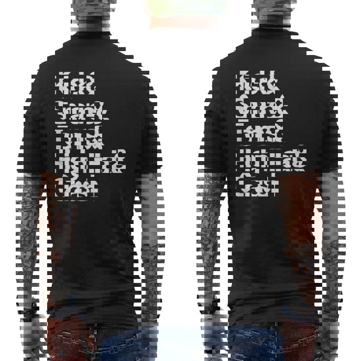 キック&スネア&トムズ&ハイハット&クラッシュドラムセットテキスト メンズTシャツ バックプリント