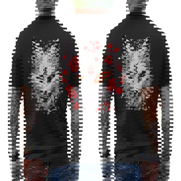 キツネ キツネ キツネ マスク アニメ カワイイ 桜 花 メンズTシャツ バックプリント