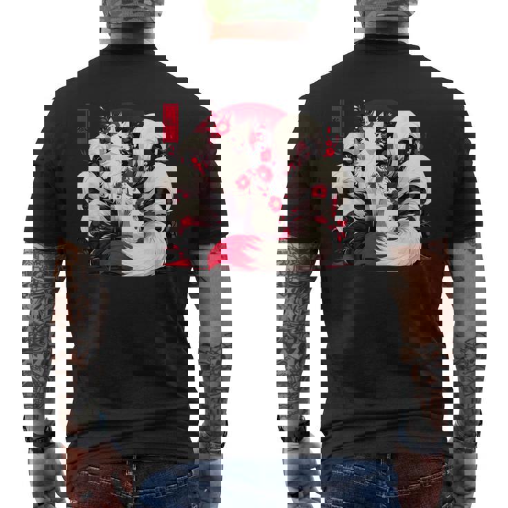 キツネ キツネ 赤いクモユリ 花 日本の九尾キツネ メンズTシャツ バックプリント