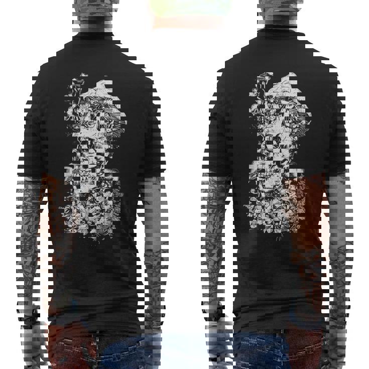 キノコや花があしらわれた骸骨の幻覚的なイラスト メンズTシャツ バックプリント