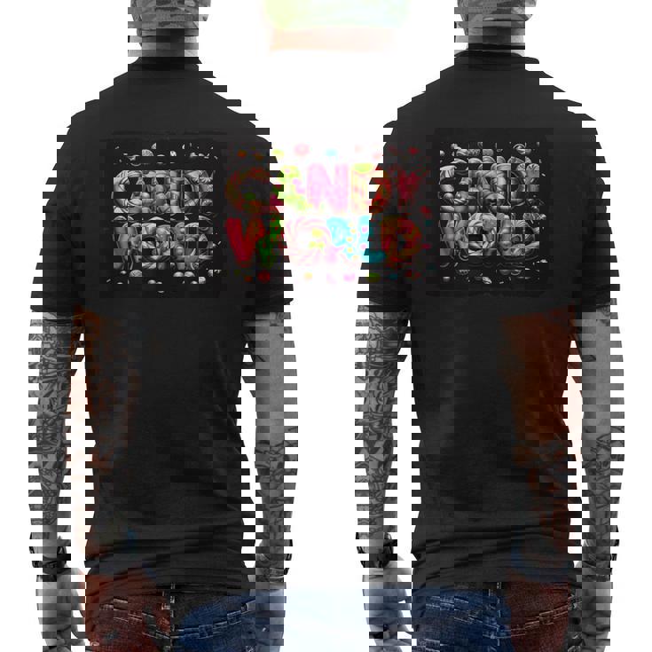 キャンディワールドに足を踏み入れて面白いスイーツとシュガーを手に入れましょう メンズTシャツ バックプリント