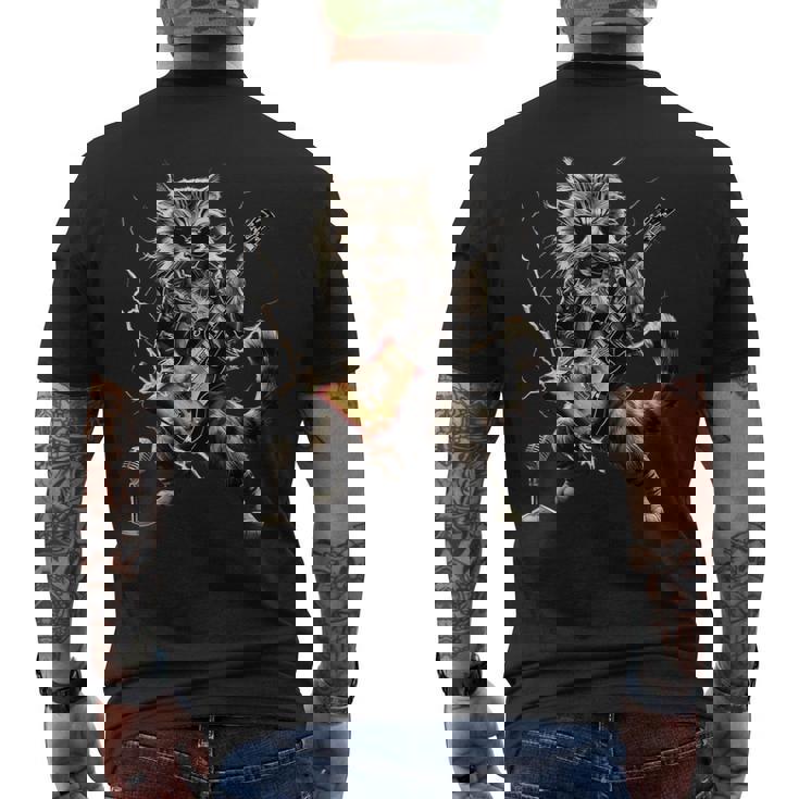 ギターを弾くロックキャット 面白いギター猫 メンズTシャツ バックプリント