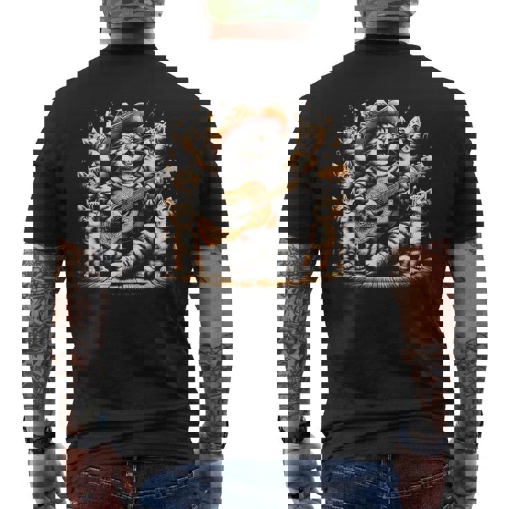 ギターを弾く猫 面白いロックミュージックギター猫 メンズTシャツ バックプリント