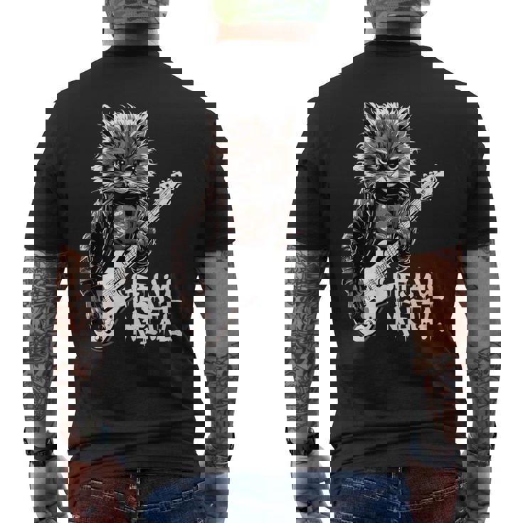 ギターを弾く猫 ヘヴィメタル ロックキャット おもしろギタリスト メンズTシャツ バックプリント