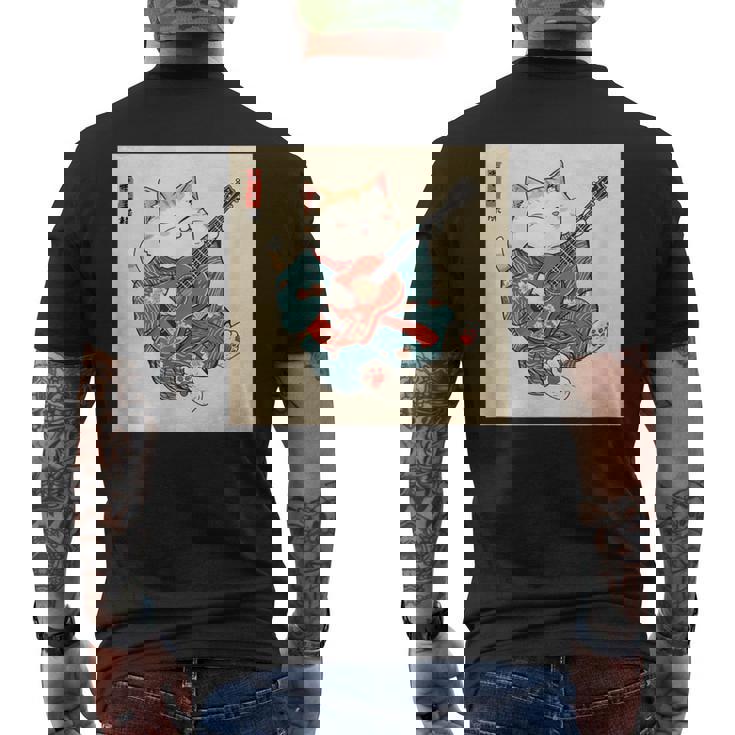 ギター奏でる猫 着物姿 ヴィンテージ 日本美術 面白い メンズTシャツ バックプリント