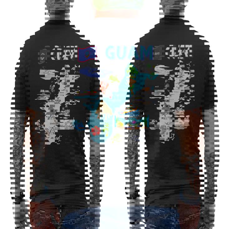 グアム、主要都市、旗、アメリカの観光名所地図 メンズTシャツ バックプリント