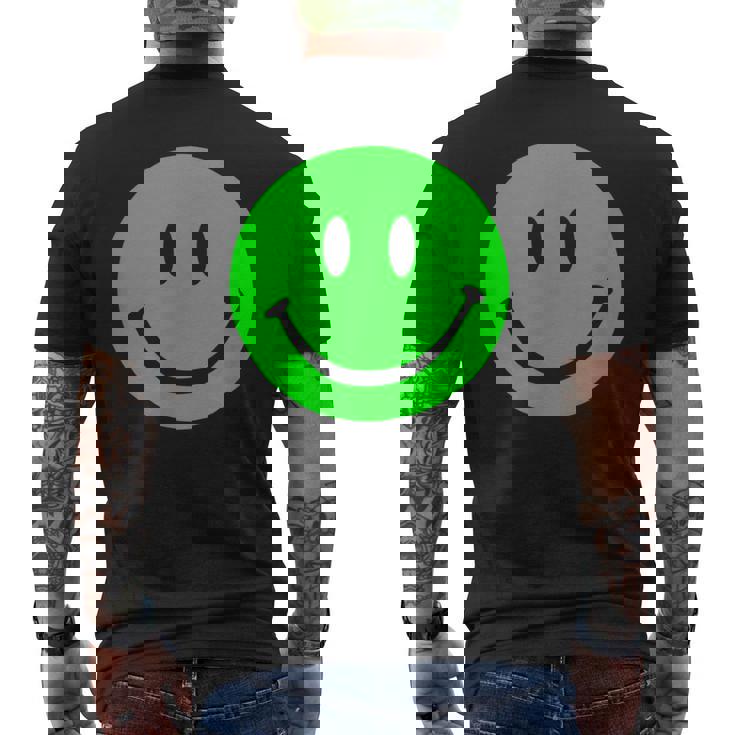 グリーン スマイリーフェイス レトロ グリーン ハッピーフェイス メンズTシャツ バックプリント