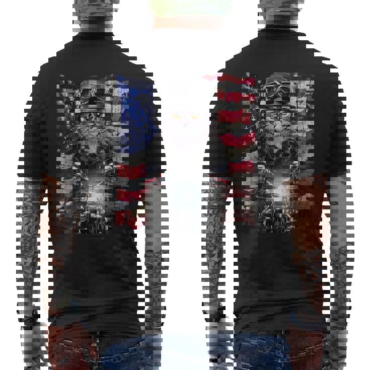 グレー 猫 ねこ バイク 星条旗 アメリカ メンズTシャツ バックプリント