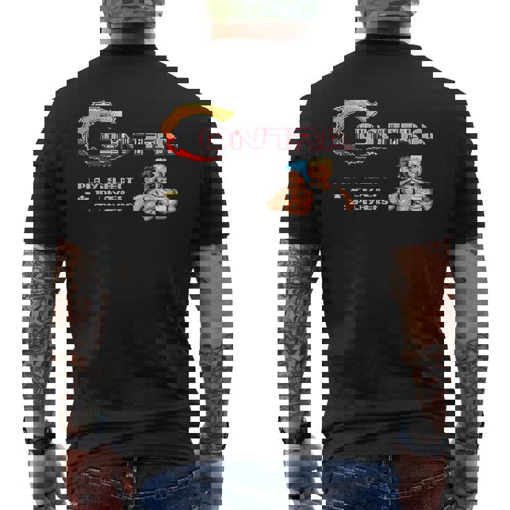 コントラ タイトル スクリーン レトロ ゲーマー ピクセル ウォリアー クラシック ゲーム メンズTシャツ バックプリント