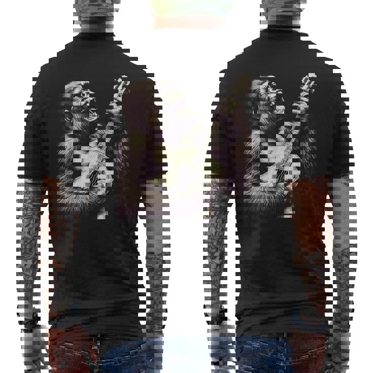 ゴリラ 演奏 ギター 面白い ロック 音楽 ギター ゴリラ メンズTシャツ バックプリント