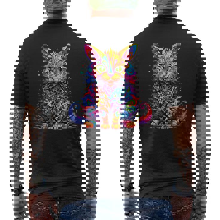 サイケデリック マンガ 猫 カラフル ファンタジー 曼荼羅スタイル メンズTシャツ バックプリント