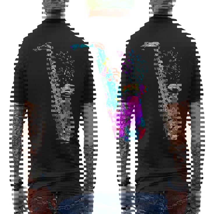 サクソフォン プレーヤー ジャズ 音符 サクソフォン カラフル サックス メンズTシャツ バックプリント