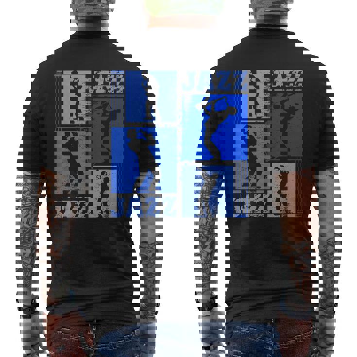 サクソフォーン奏者ジャズミュージシャンブルーミュージック メンズTシャツ バックプリント