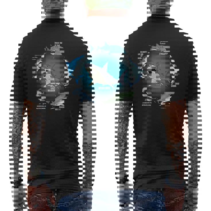 サメ6種 サメタイプ サメ 海の生き物 メガロドン サメ メンズTシャツ バックプリント