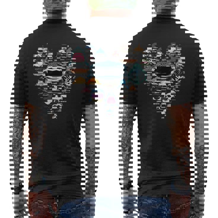 サメの識別の種類 サメの顔 シャークハート メンズTシャツ バックプリント