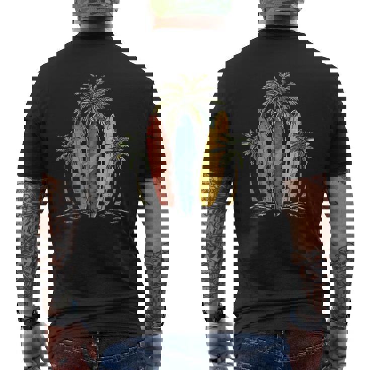 サーファー ヴィンテージ サーフボード ヤシの木 ビーチ サーフィン メンズTシャツ バックプリント