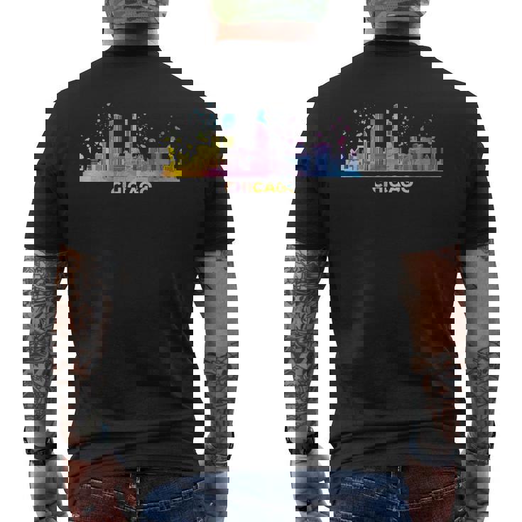 シカゴのスカイライン カラフル 街並み シカゴ メンズTシャツ バックプリント