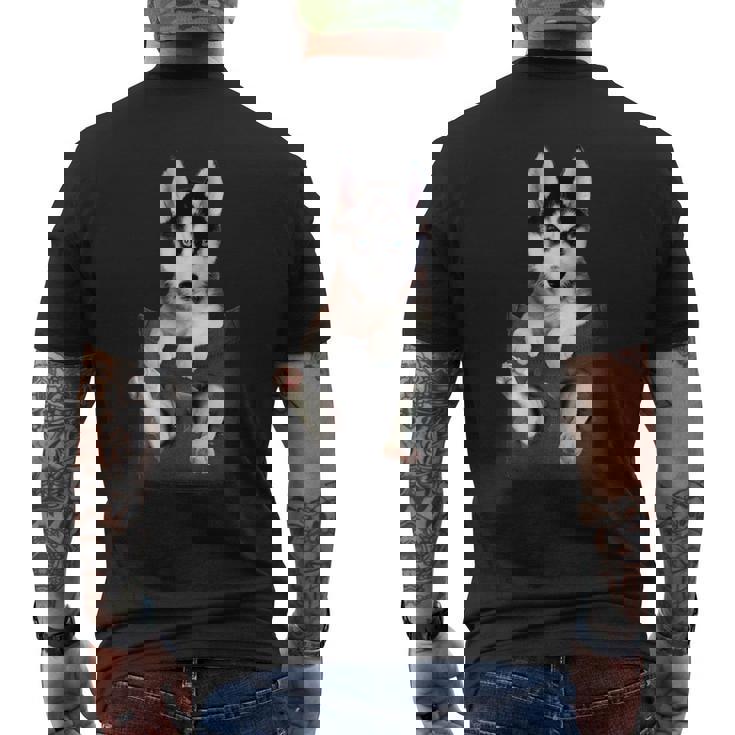 シベリアンハスキー ポケットの子犬 メンズTシャツ バックプリント