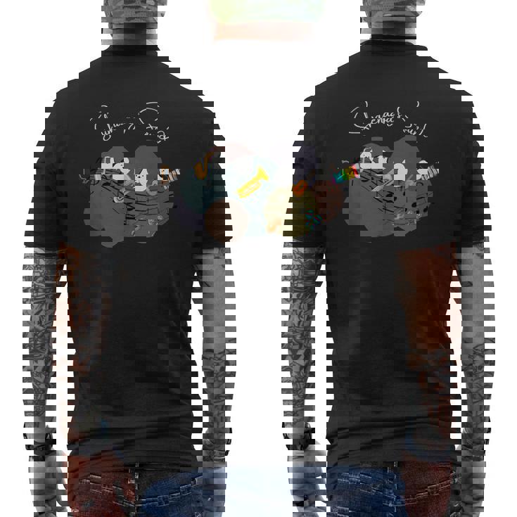 シマエナガ 楽器 トランペット サックス バイオリン ギター 音符 仲良し 可愛い 音楽好き メンズTシャツ バックプリント