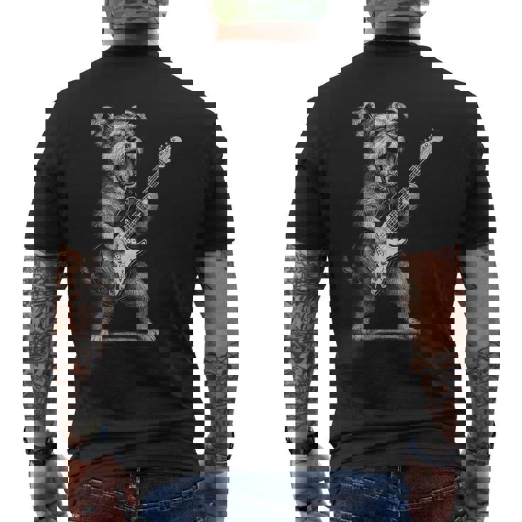 シュナウザー ギターを弾く ロックミュージック 犬好き メンズTシャツ バックプリント