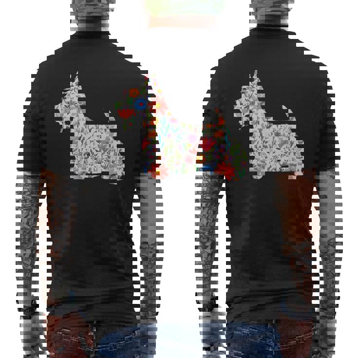 スコティッシュテリア水彩フラワーデザイン。 メンズTシャツ バックプリント