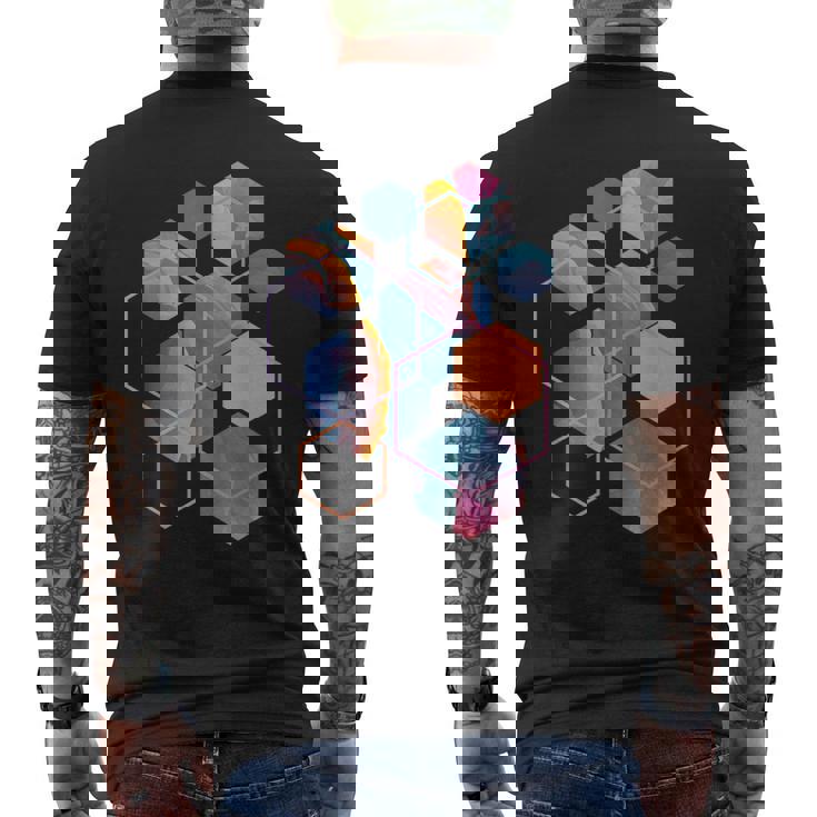 スタイリッシュ ティール オレンジ 六角形 モダン シェイプ マニア メンズTシャツ バックプリント