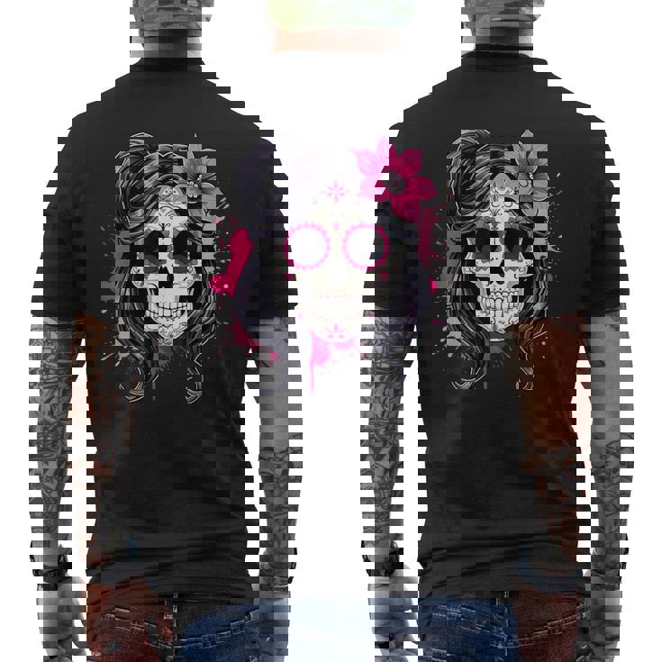 スタイリッシュなマゼンタ サクラ ムエルテ スカルデザイン Dia De Los Muertos メンズTシャツ バックプリント