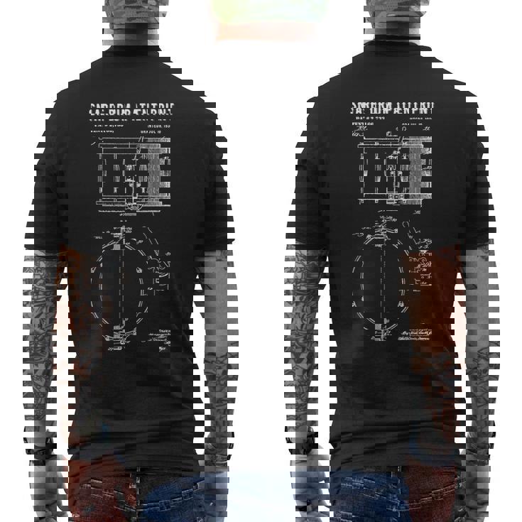 スネアドラム特許プリント 1939年 ビンテージ特許ミュージックアート メンズTシャツ バックプリント