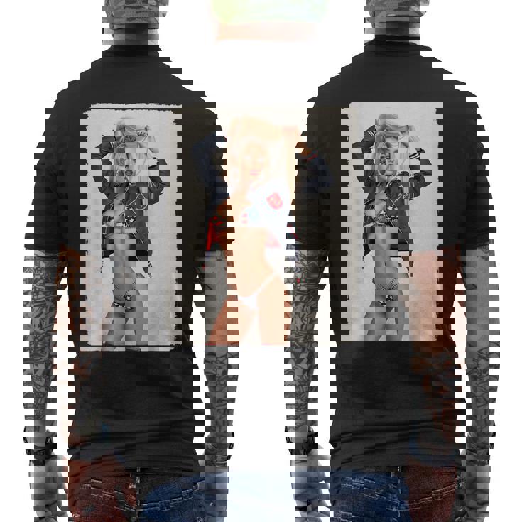 セクシーガールグラフィックtシャツ ブロンドボンシェルビキニピンナップガール メンズTシャツ バックプリント