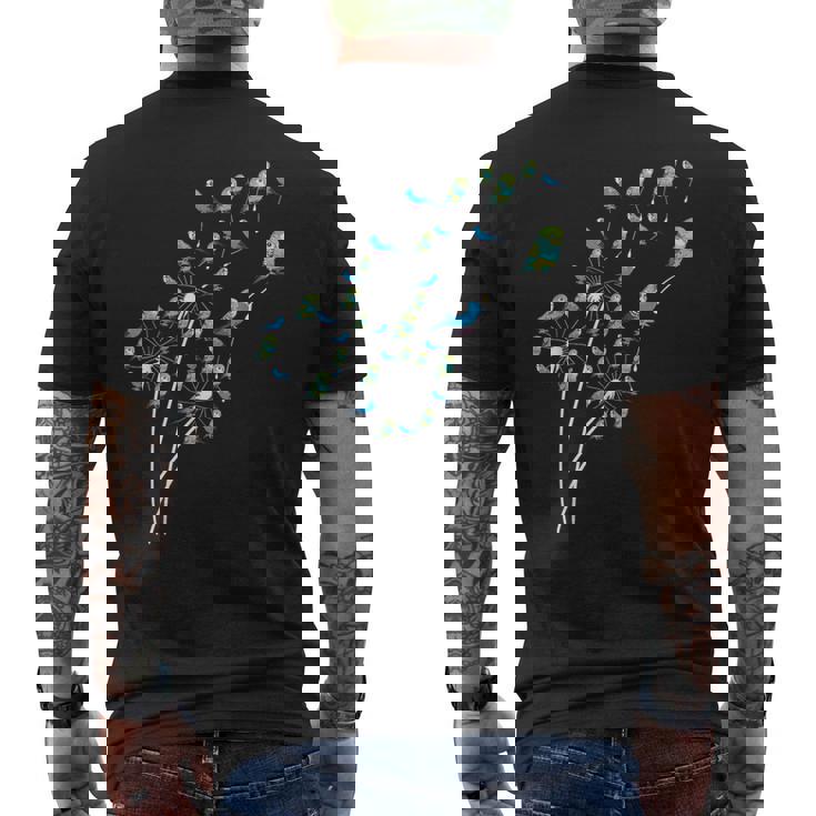 タンポポ セキセイインコの花、花セキセイインコの木 メンズTシャツ バックプリント