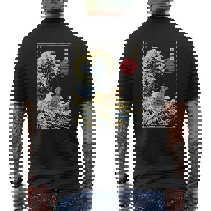 ダックスフント 日本の神奈川波 おもしろサーフドッグ メンズTシャツ バックプリント