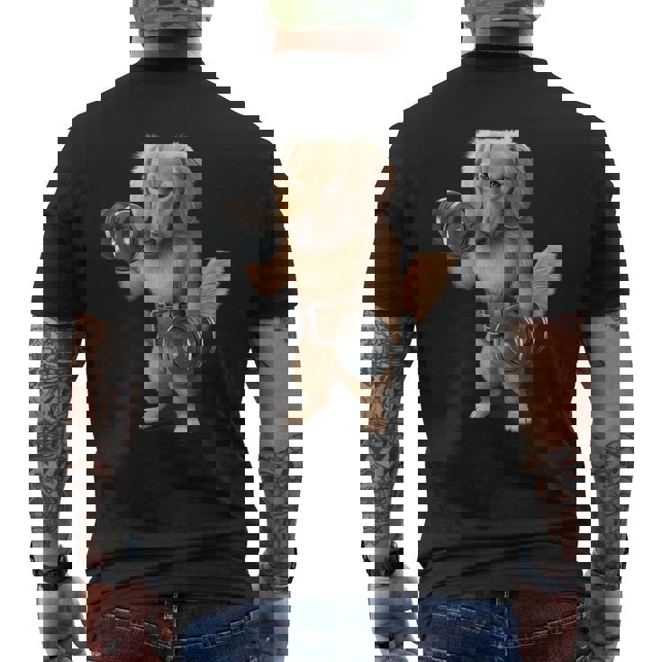 ダックスフンド 犬の筋肉トレーニング ダンベル付き フィットネスジム メンズTシャツ バックプリント