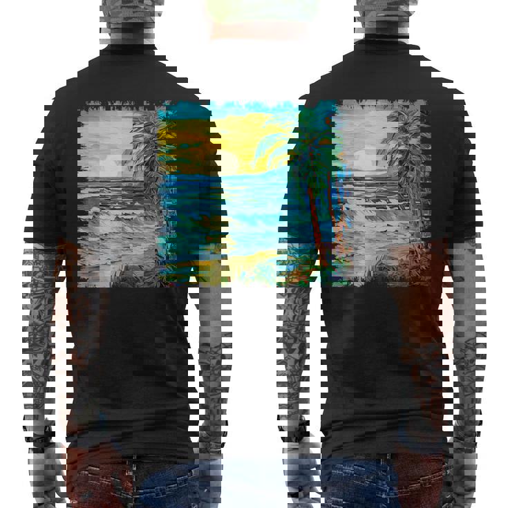 トロピカルビーチ 太陽 オーシャン ヤシの木 ゴッホスタイル アートデザイン メンズTシャツ バックプリント