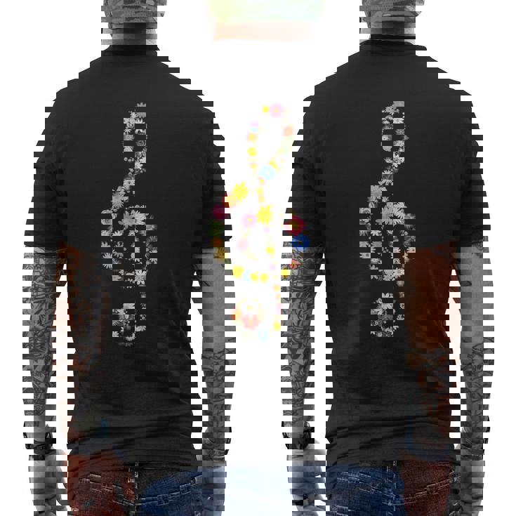 ト音記号 開花 ト音記号 音楽 ト音記号 楽器 花 音楽 ノート ト音記号 ピアノ ピアニスト ノート 音楽 メンズTシャツ バックプリント