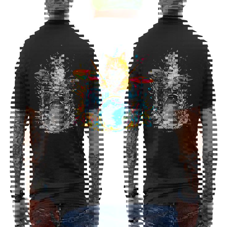 ドラマーの猫猫とドラム メンズTシャツ バックプリント