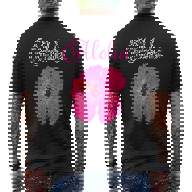 ハイビスカス Aloha アロハ《赤》（ハワイ・南国・フラダンス）夏【ビューティフル フラワー】キュート デザイン メンズTシャツ バックプリント