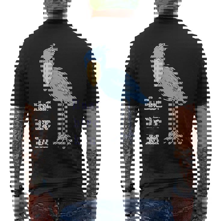 ハシビロコウさん 『セルフィー』青い鳥【どうぶつフレンズ 】ゆるくて かわいい 動物園の生き物 イラスト メンズTシャツ バックプリント