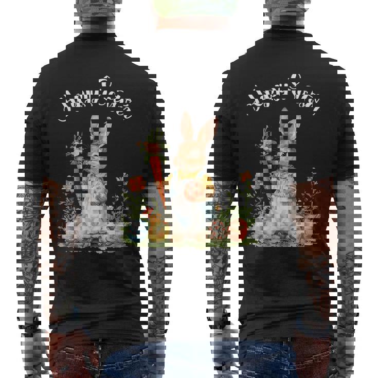 ハッピーイースターバニーニンジンイースターエッグ イースターラビットアートワーク メンズTシャツ バックプリント