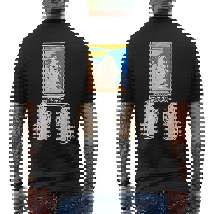 ハニワくん の ムンクの叫び と 見つめる 埴輪【ゆるフレンズ】名画 パロディ キャラクター かわいい イラスト 面白い メンズTシャツ バックプリント