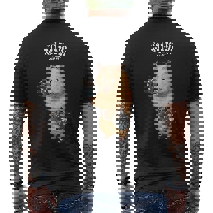 ハムスター 筋トレ ダンベル付き フィットネスジム メンズTシャツ バックプリント