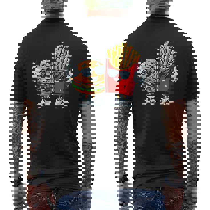 ハンバーガーフライドポテトファーストフード愛好家アート 面白いユーモアコンボプリント メンズTシャツ バックプリント