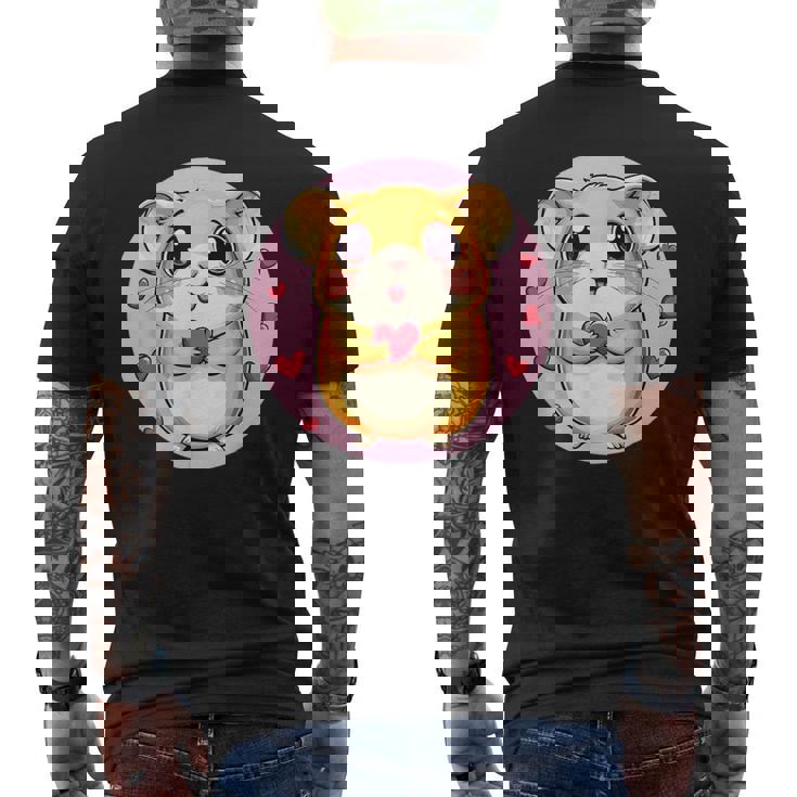 ハートに囲まれたハートを持つかわいいハムスター メンズTシャツ バックプリント