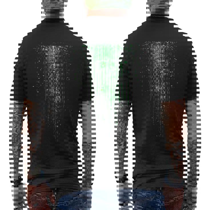 バイナリコードマトリックス グリーンデジタルサイバーパンク メンズTシャツ バックプリント