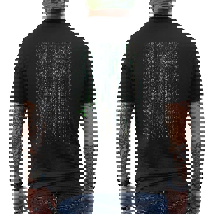 バイナリコードマトリックスグリッチ効果デジタルパターン メンズTシャツ バックプリント