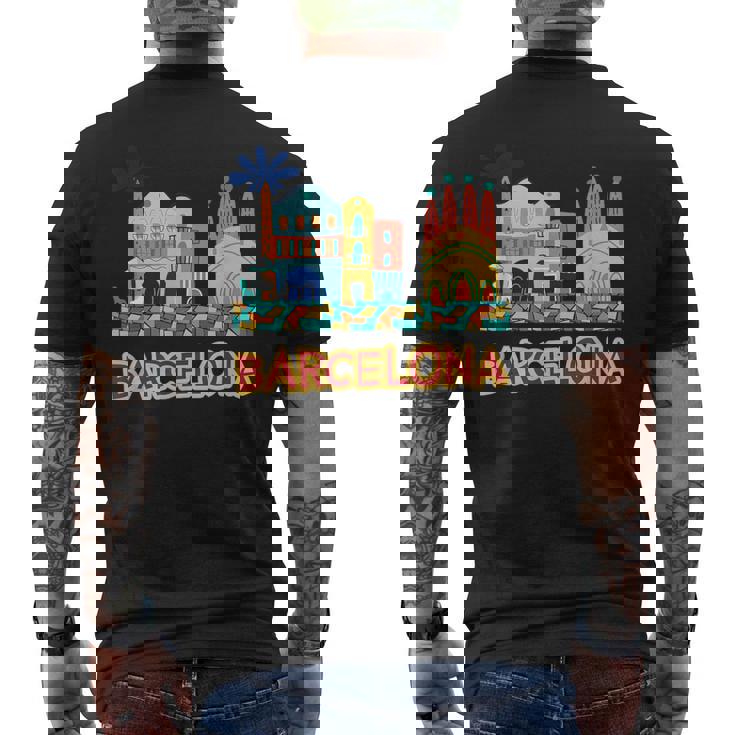 バルセロナの象徴的な建物とサグラダファミリア カラフル メンズTシャツ バックプリント