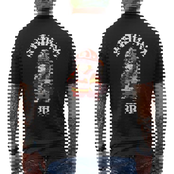 バーニーズマウンテンドッグ ファイヤーハウス パップ 面白い 消防士 メンズTシャツ バックプリント