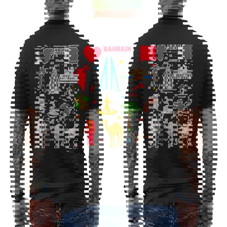 バーレーンの手描きシンボル、バーレーンの地図、文化的アイコン メンズTシャツ バックプリント