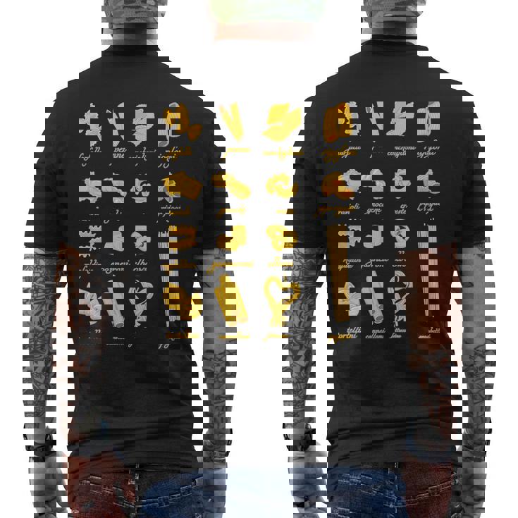 パスタタイプの麺スパゲッティ、ペンネ、トルテリーニ、ファルファッレ メンズTシャツ バックプリント