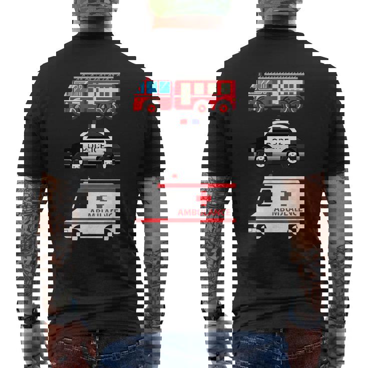 パトカー 消防車 救急車 ファーストレスポンダーデザイン メンズTシャツ バックプリント
